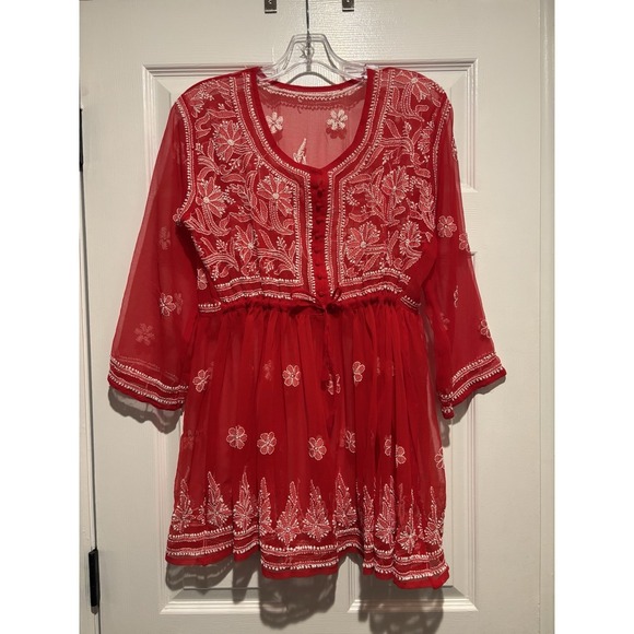 Y2K Fairycore Embroidered Red/Pink Top Beachy boho coverup Sheer One Size 34x31" - Picture 3 of 8